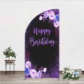 Aperturee - Aperturee Happy Birthday Half Moon Arch Backdrop for Women Black and Purple Glitter with Floral Elegant Milestone Party Photo
