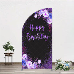Aperturee - Aperturee Happy Birthday Half Moon Arch Backdrop for Women Black and Purple Glitter with Floral Elegant Milestone Party Photo