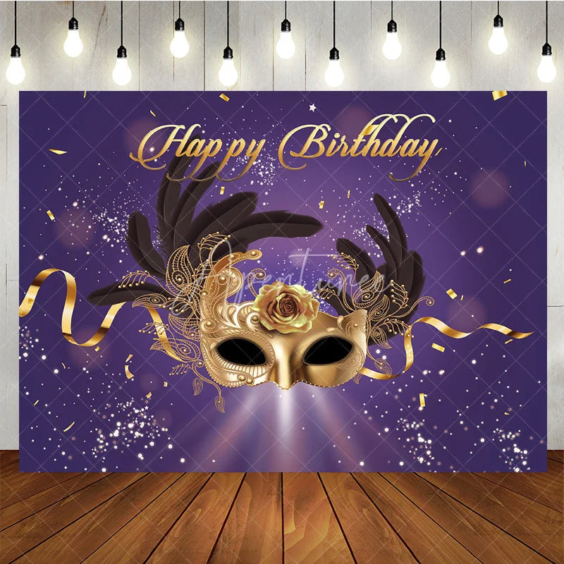 Aperturee - Aperturee Happy Birthday Masquerade Mask Backdrop Purple and Gold Glitter Rose Party Background Royal Venetian Prom Decorations