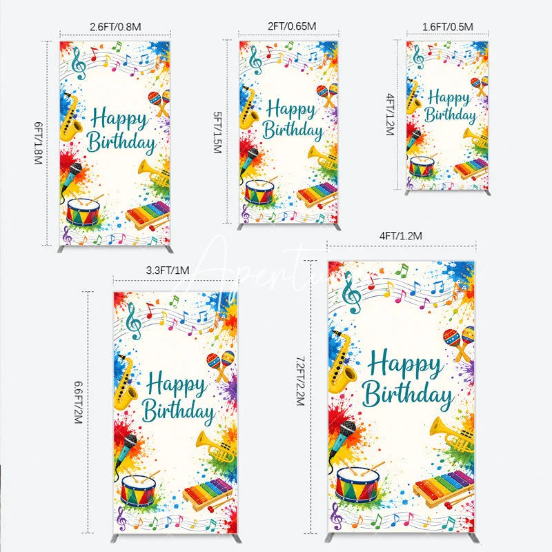 Aperturee - Aperturee Happy Birthday Musical Instruments Rectangle Arch Backdrop Vibrant Colorful Paint Splatters Party Decor