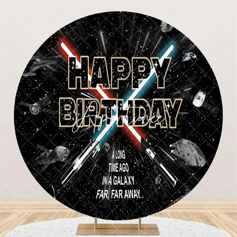 Aperturee - Aperturee Happy Birthday Outer Space Galaxy Round Backdrop Sci-Fi Spaceship Starry Sky Party Background for Boys
