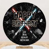Aperturee - Aperturee Happy Birthday Outer Space Galaxy Round Backdrop Sci-Fi Spaceship Starry Sky Party Background for Boys