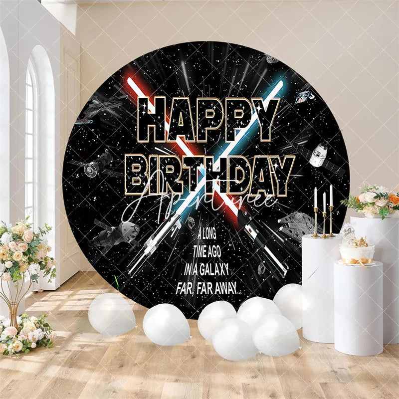 Aperturee - Aperturee Happy Birthday Outer Space Galaxy Round Backdrop Sci-Fi Spaceship Starry Sky Party Background for Boys
