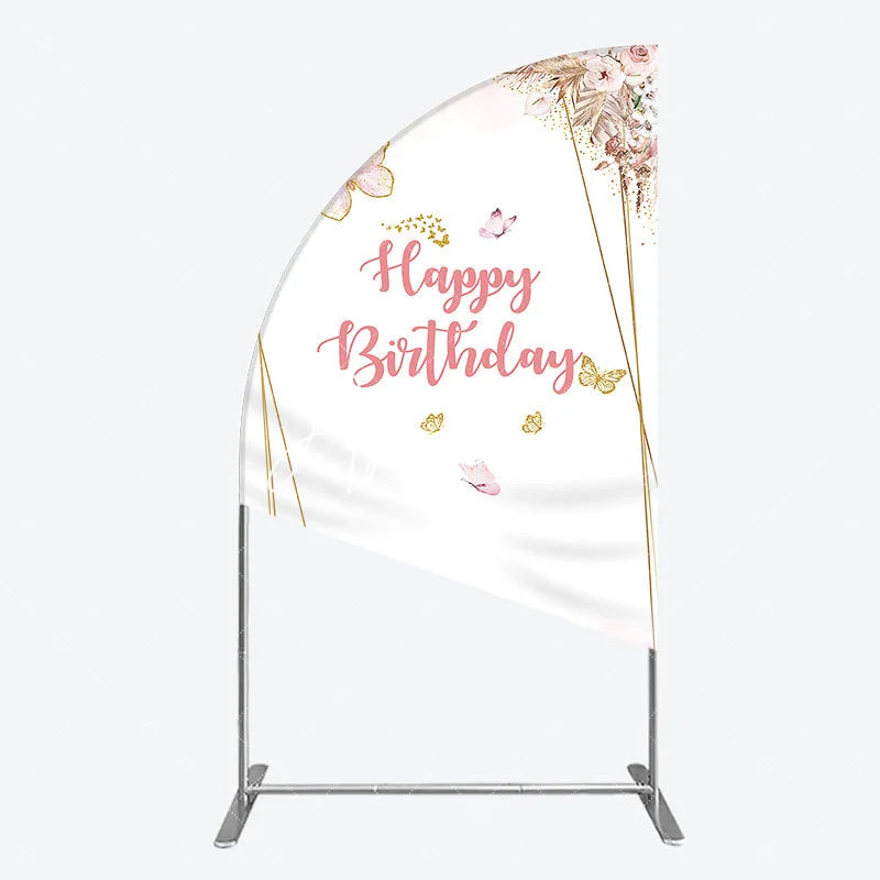 Aperturee - Aperturee Happy Birthday Pink Gold Butterfly Half Moon Arch Backdrop Elegant Bohemian Floral Decor.
