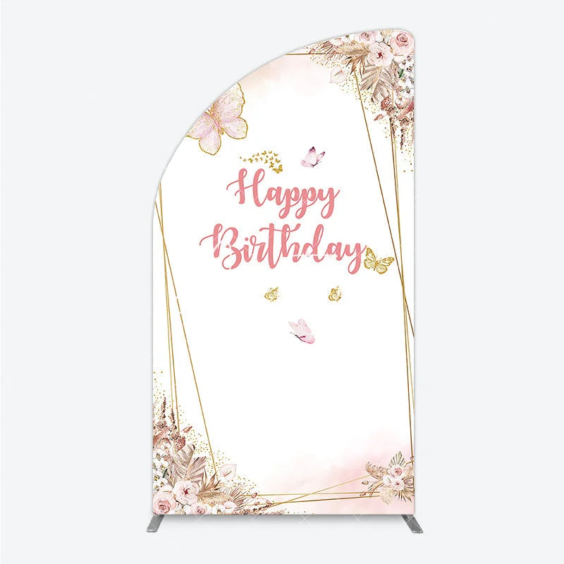 Aperturee - Aperturee Happy Birthday Pink Gold Butterfly Half Moon Arch Backdrop Elegant Bohemian Floral Decor.