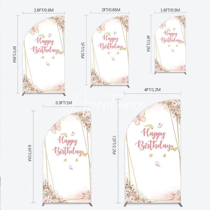 Aperturee - Aperturee Happy Birthday Pink Gold Butterfly Half Moon Arch Backdrop Elegant Bohemian Floral Decor.