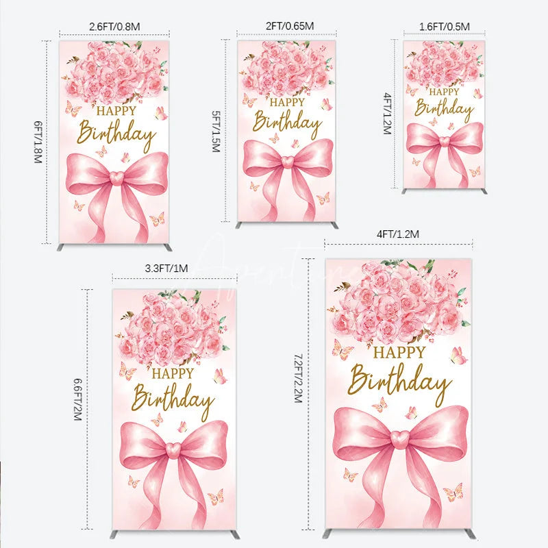 Aperturee - Aperturee Happy Birthday Pink Roses and Bow Rectangle Arch Backdrop Elegant Watercolor Butterfly Party Decor