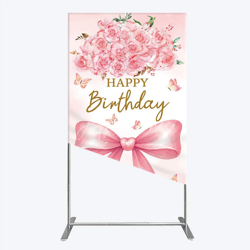 Aperturee - Aperturee Happy Birthday Pink Roses and Bow Rectangle Arch Backdrop Elegant Watercolor Butterfly Party Decor