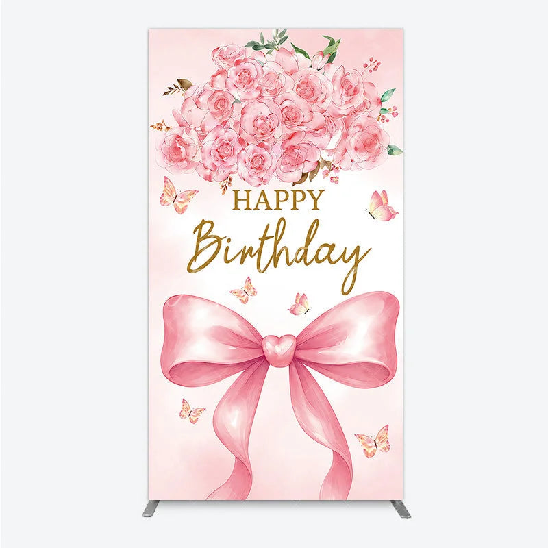 Aperturee - Aperturee Happy Birthday Pink Roses and Bow Rectangle Arch Backdrop Elegant Watercolor Butterfly Party Decor