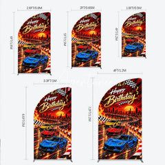 Aperturee - Aperturee Happy Birthday Racing Car Half Moon Arch Backdrop Dynamic Checkered Flags and Trophy Sunset City Race Party Decor