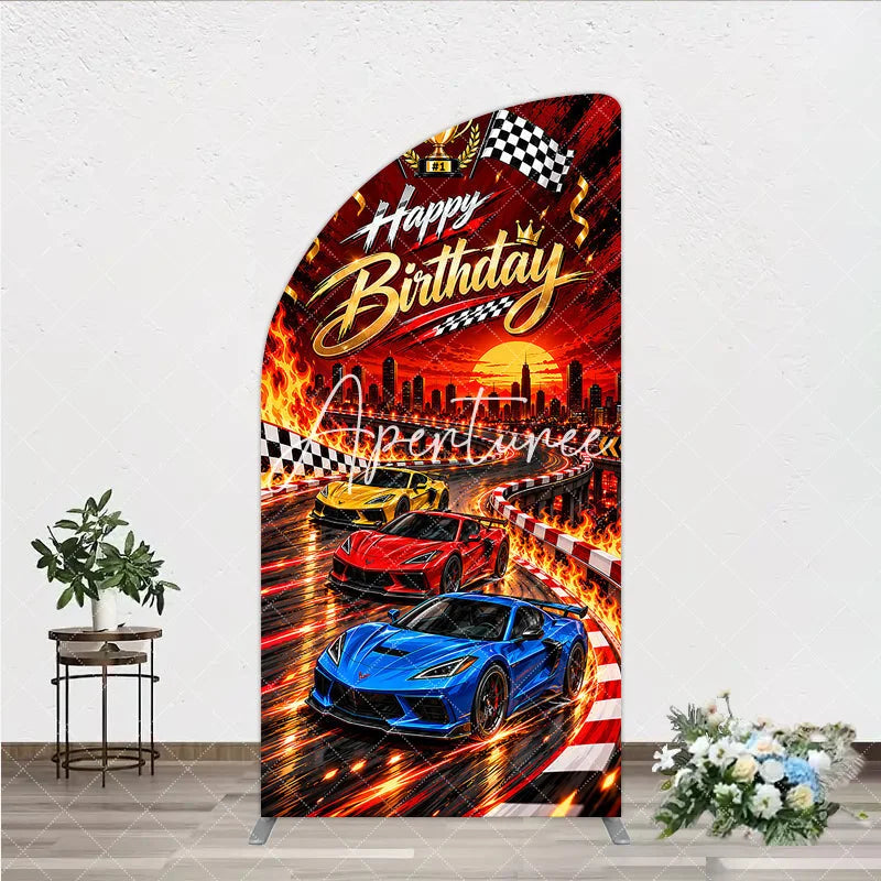 Aperturee - Aperturee Happy Birthday Racing Car Half Moon Arch Backdrop Dynamic Checkered Flags and Trophy Sunset City Race Party Decor