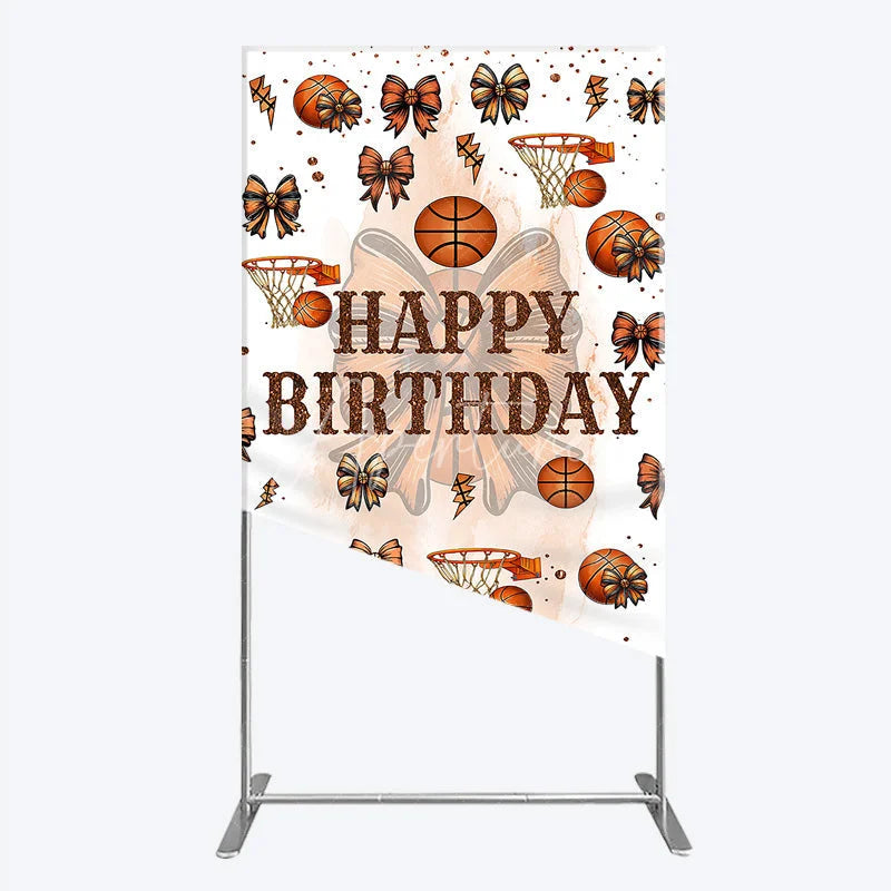Aperturee - Aperturee Happy Birthday Rectangle Backdrop Basketballs or Bows Gender Reveal He or She Sports Theme Party Decor