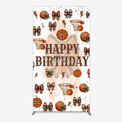 Aperturee - Aperturee Happy Birthday Rectangle Backdrop Basketballs or Bows Gender Reveal He or She Sports Theme Party Decor