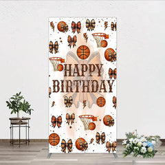Aperturee - Aperturee Happy Birthday Rectangle Backdrop Basketballs or Bows Gender Reveal He or She Sports Theme Party Decor