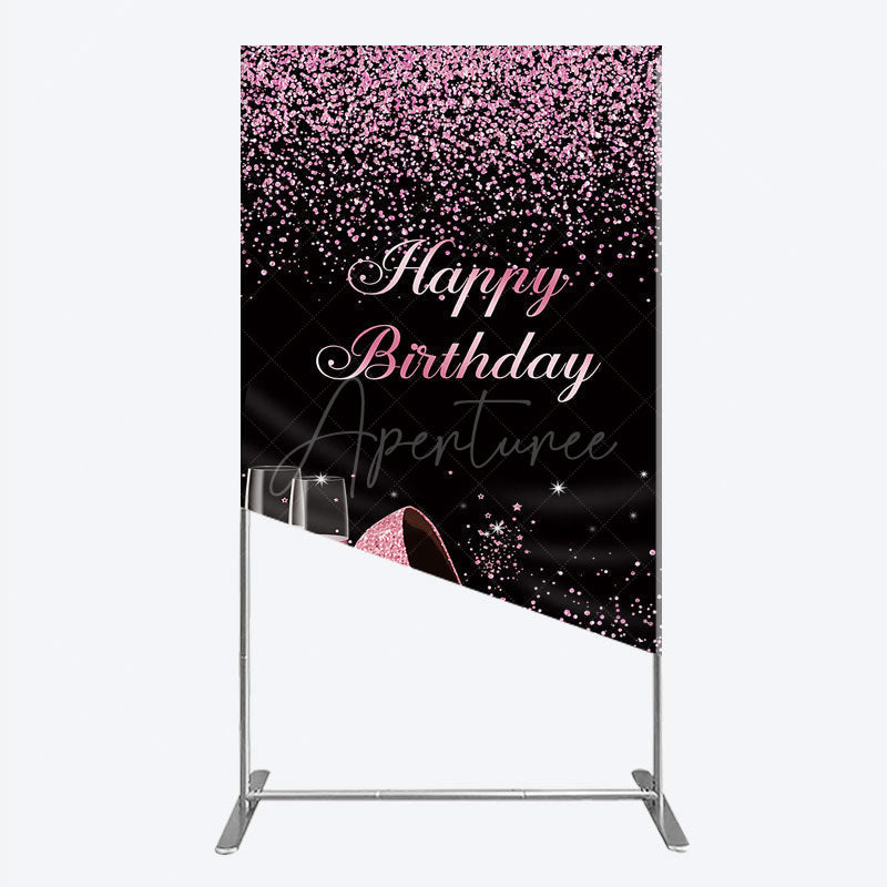 Aperturee - Aperturee Happy Birthday Rectangle Backdrop for Her Pink Glitter High Heels and Champagne Fabulous Women’s Party Photo Prop