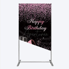 Aperturee - Aperturee Happy Birthday Rectangle Backdrop for Her Pink Glitter High Heels and Champagne Fabulous Women’s Party Photo Prop