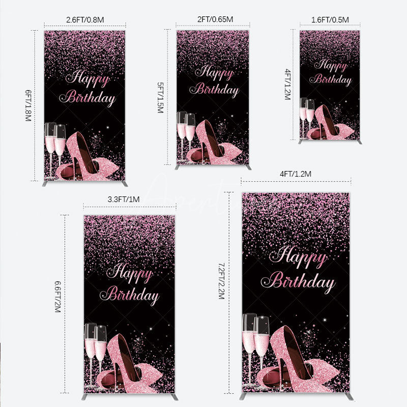 Aperturee - Aperturee Happy Birthday Rectangle Backdrop for Her Pink Glitter High Heels and Champagne Fabulous Women’s Party Photo Prop