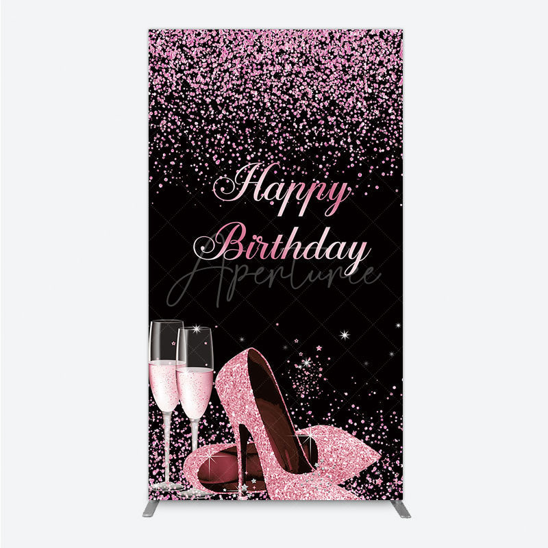 Aperturee - Aperturee Happy Birthday Rectangle Backdrop for Her Pink Glitter High Heels and Champagne Fabulous Women’s Party Photo Prop