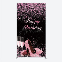 Aperturee - Aperturee Happy Birthday Rectangle Backdrop for Her Pink Glitter High Heels and Champagne Fabulous Women’s Party Photo Prop