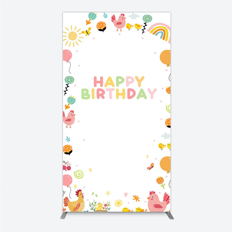 Aperturee - Aperturee Happy Birthday Rectangle Backdrop for Kids Cute Farm Friends with Chicken and Chicks Sunshine and Rainbow Party Prop