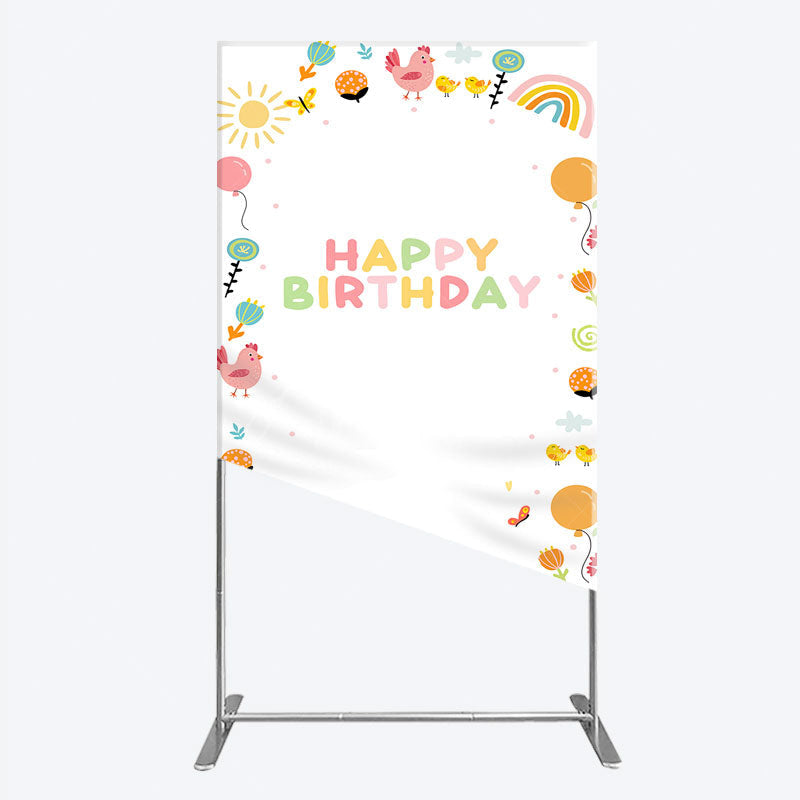 Aperturee - Aperturee Happy Birthday Rectangle Backdrop for Kids Cute Farm Friends with Chicken and Chicks Sunshine and Rainbow Party Prop