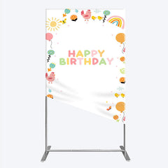 Aperturee - Aperturee Happy Birthday Rectangle Backdrop for Kids Cute Farm Friends with Chicken and Chicks Sunshine and Rainbow Party Prop
