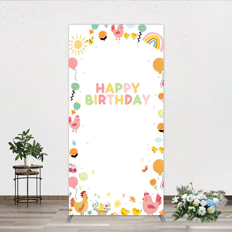 Aperturee - Aperturee Happy Birthday Rectangle Backdrop for Kids Cute Farm Friends with Chicken and Chicks Sunshine and Rainbow Party Prop