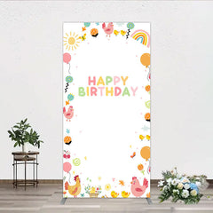 Aperturee - Aperturee Happy Birthday Rectangle Backdrop for Kids Cute Farm Friends with Chicken and Chicks Sunshine and Rainbow Party Prop