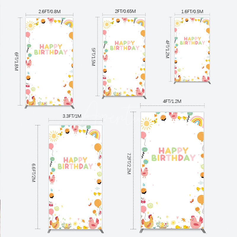 Aperturee - Aperturee Happy Birthday Rectangle Backdrop for Kids Cute Farm Friends with Chicken and Chicks Sunshine and Rainbow Party Prop