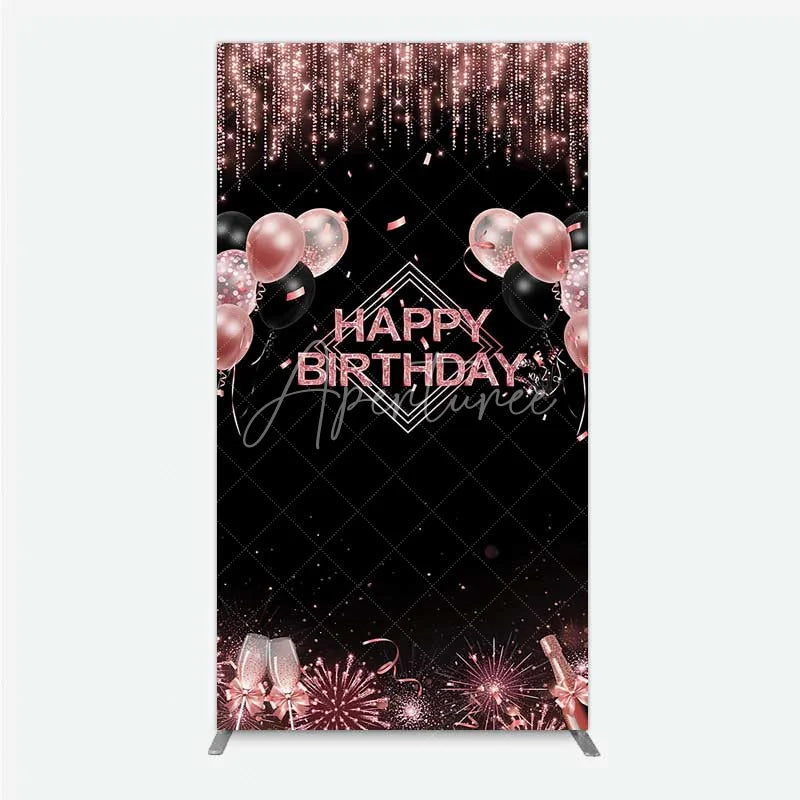 Aperturee - Aperturee Happy Birthday Rectangle Backdrop Rose Gold Balloons Black Glitter Champagne Decor