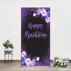 Aperturee - Aperturee Happy Birthday Rectangle Backdrop for Women Black and Purple Glitter with Floral Elegant Milestone Party Photo Prop