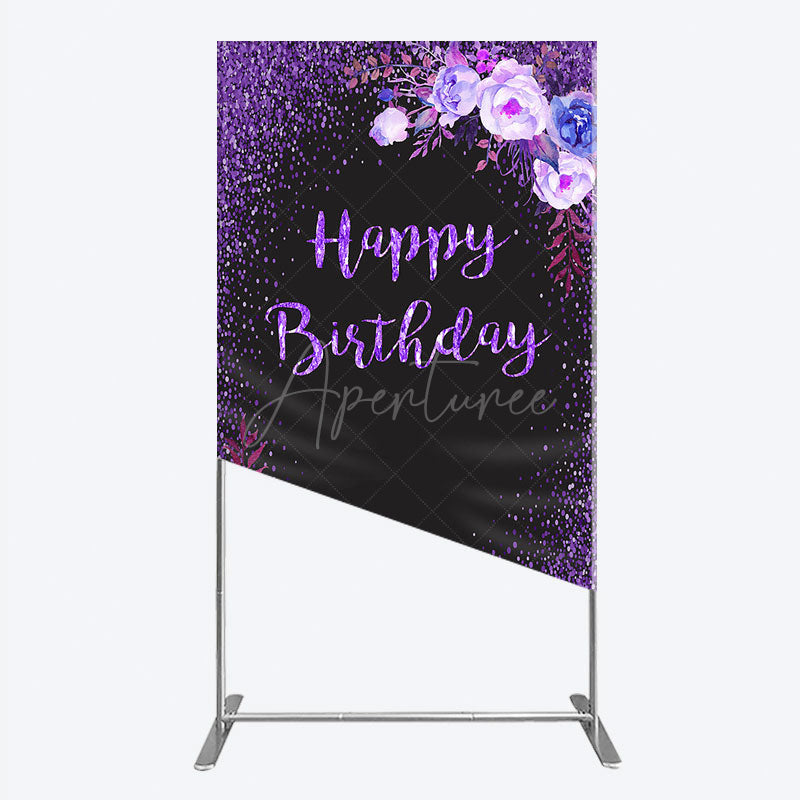 Aperturee - Aperturee Happy Birthday Rectangle Backdrop for Women Black and Purple Glitter with Floral Elegant Milestone Party Photo Prop