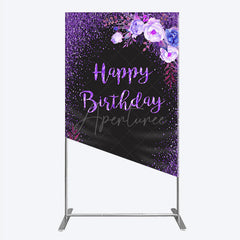 Aperturee - Aperturee Happy Birthday Rectangle Backdrop for Women Black and Purple Glitter with Floral Elegant Milestone Party Photo Prop