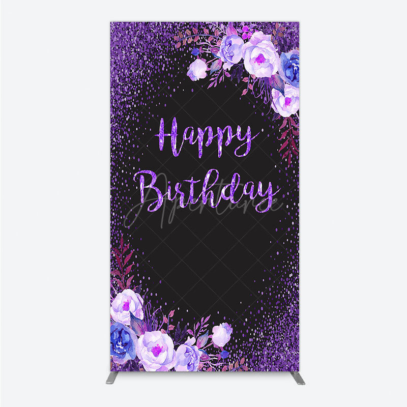 Aperturee - Aperturee Happy Birthday Rectangle Backdrop for Women Black and Purple Glitter with Floral Elegant Milestone Party Photo Prop