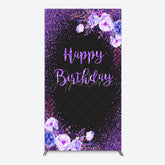 Aperturee - Aperturee Happy Birthday Rectangle Backdrop for Women Black and Purple Glitter with Floral Elegant Milestone Party Photo Prop