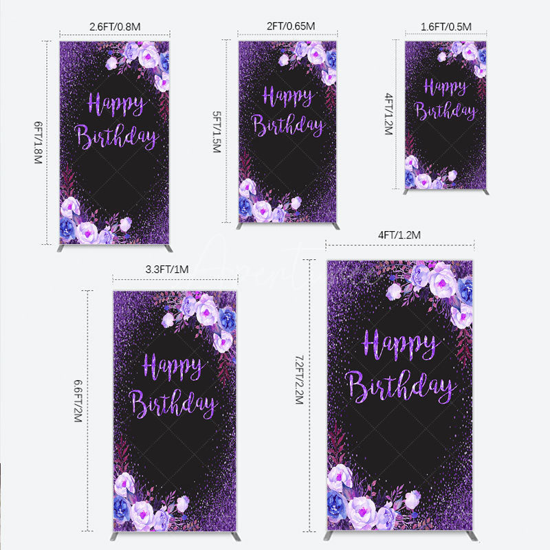 Aperturee - Aperturee Happy Birthday Rectangle Backdrop for Women Black and Purple Glitter with Floral Elegant Milestone Party Photo Prop