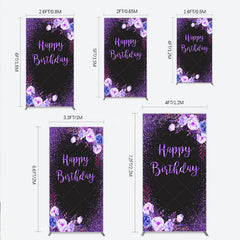 Aperturee - Aperturee Happy Birthday Rectangle Backdrop for Women Black and Purple Glitter with Floral Elegant Milestone Party Photo Prop