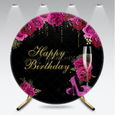 Aperturee - Aperturee Happy Birthday Round Backdrop for Her Black and Magenta with Floral and Champagne Elegant High Heels Party