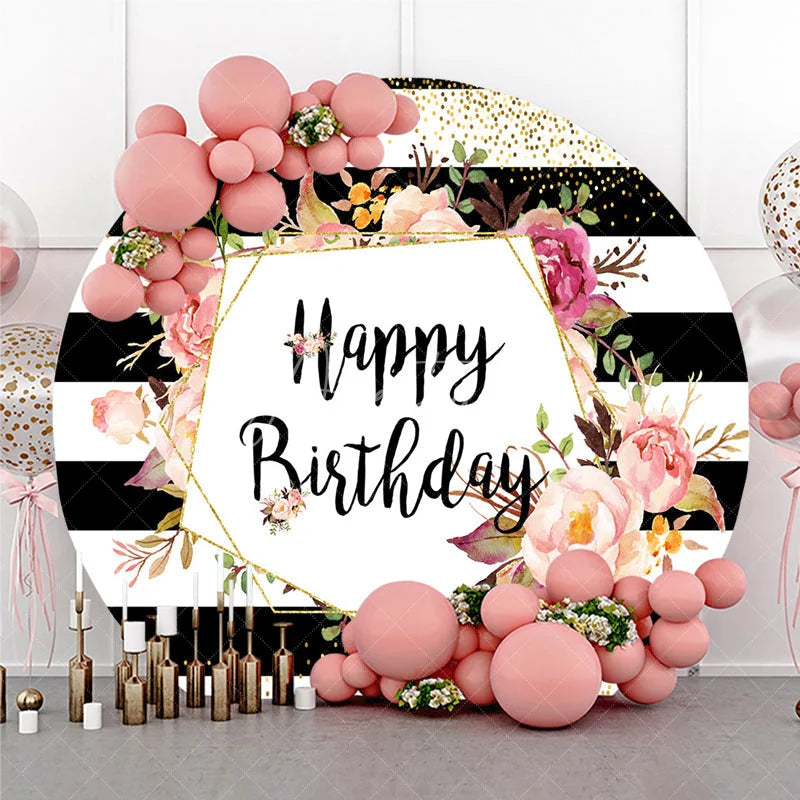 Aperturee - Aperturee Happy Birthday Round Backdrop for Her Black and White Stripes with Pink Floral Elegant Gold Glitter Party Decor