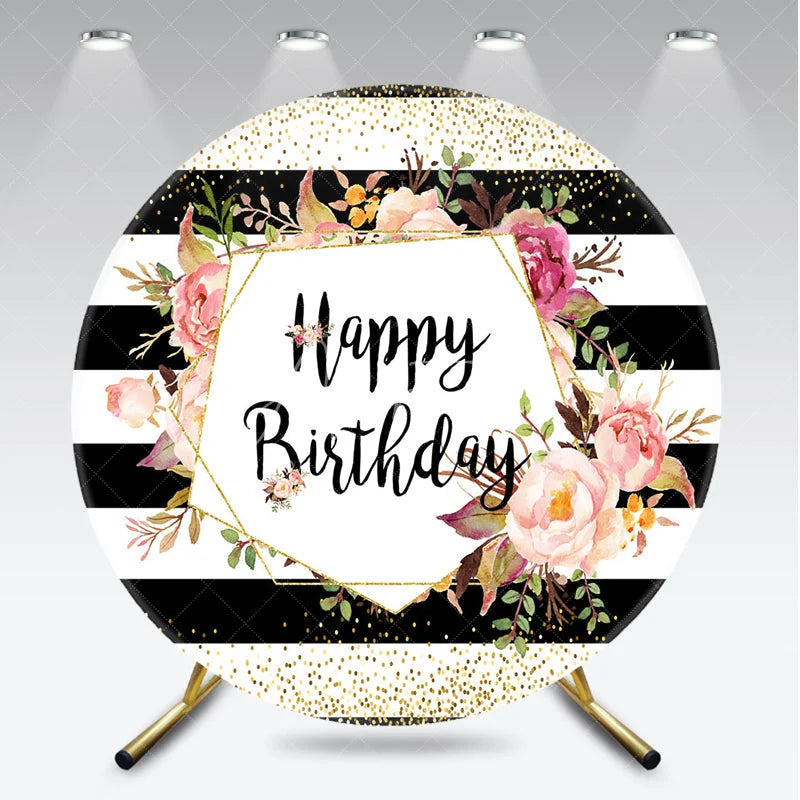 Aperturee - Aperturee Happy Birthday Round Backdrop for Her Black and White Stripes with Pink Floral Elegant Gold Glitter Party Decor