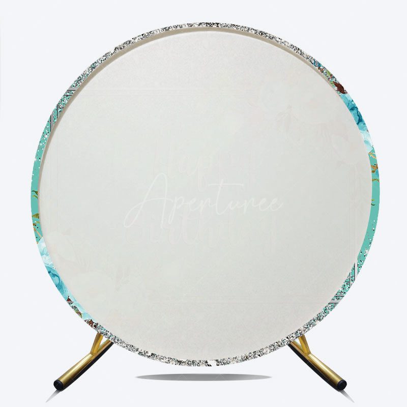 Aperturee Aperturee Happy Birthday Round Backdrop for Her Silver Glitter and Tiffany Blue Elegant Floral Themed Party Photo Prop
