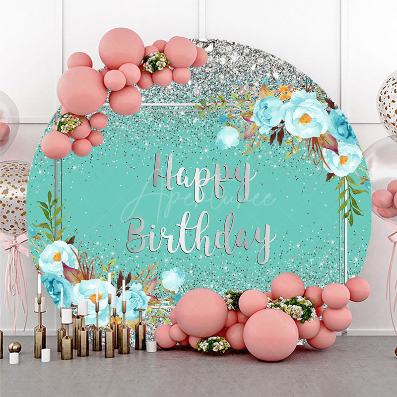 Aperturee Aperturee Happy Birthday Round Backdrop for Her Silver Glitter and Tiffany Blue Elegant Floral Themed Party Photo Prop