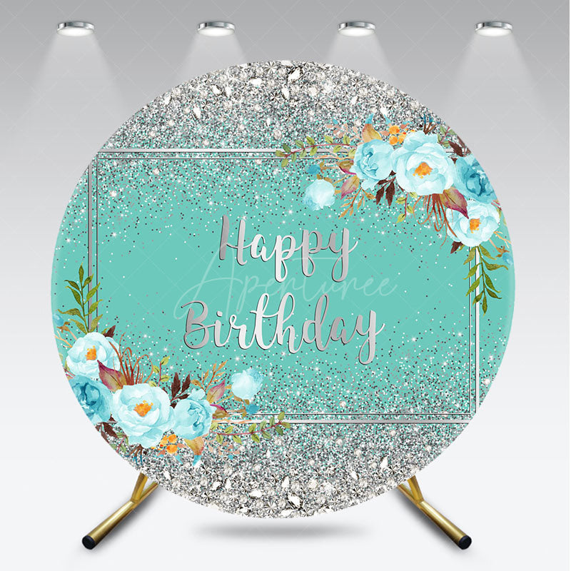 Aperturee Aperturee Happy Birthday Round Backdrop for Her Silver Glitter and Tiffany Blue Elegant Floral Themed Party Photo Prop