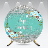 Aperturee Aperturee Happy Birthday Round Backdrop for Her Silver Glitter and Tiffany Blue Elegant Floral Themed Party Photo Prop