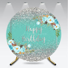 Aperturee Aperturee Happy Birthday Round Backdrop for Her Silver Glitter and Tiffany Blue Elegant Floral Themed Party Photo Prop