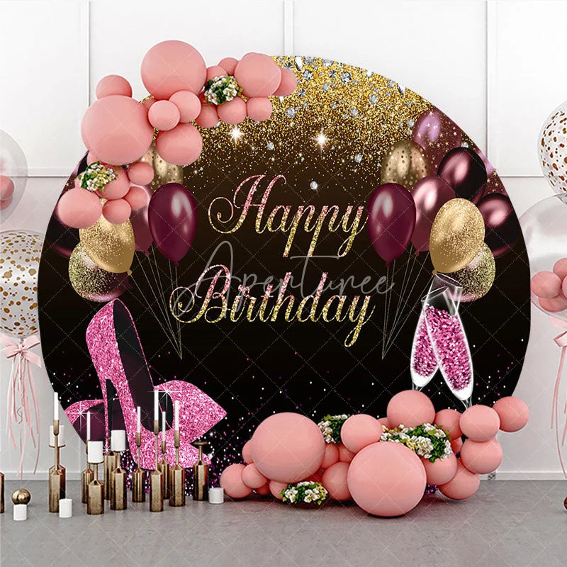 Aperturee - Aperturee Happy Birthday Round Backdrop Pink Glitter High Heels Champagne Decoration Adult Lady Party Background