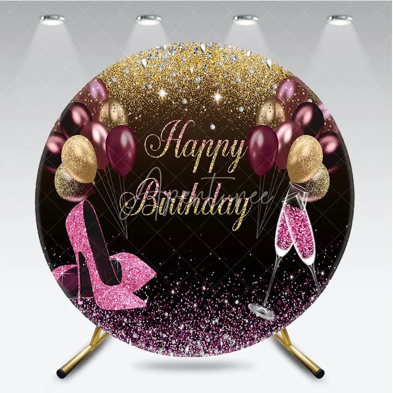 Aperturee - Aperturee Happy Birthday Round Backdrop Pink Glitter High Heels Champagne Decoration Adult Lady Party Background