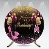 Aperturee - Aperturee Happy Birthday Round Backdrop Pink Glitter High Heels Champagne Decoration Adult Lady Party Background