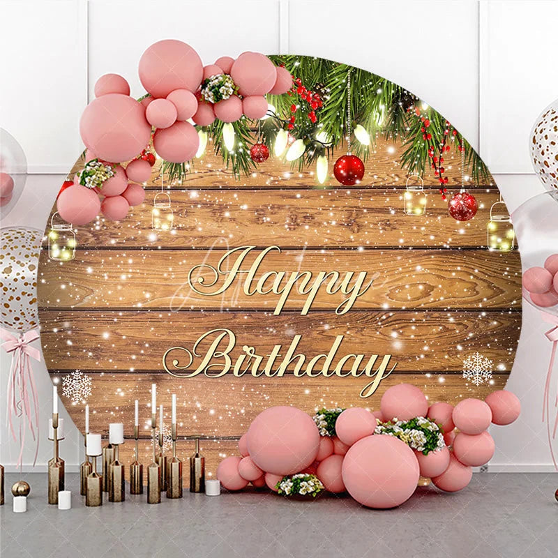 Aperturee - Aperturee Happy Birthday Round Backdrop Rustic Wood Winter Snow Pine Christmas Light