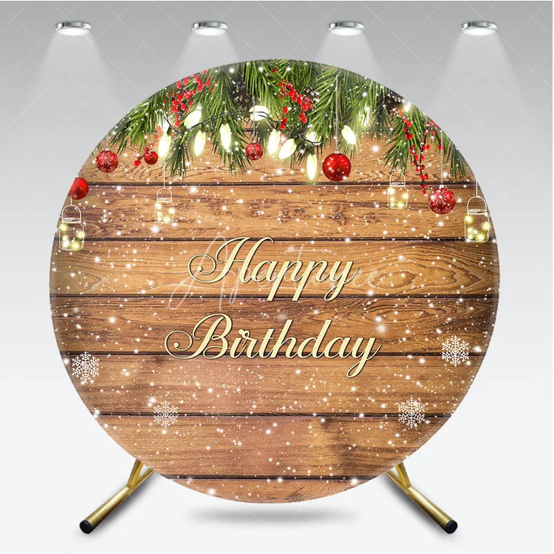 Aperturee - Aperturee Happy Birthday Round Backdrop Rustic Wood Winter Snow Pine Christmas Light